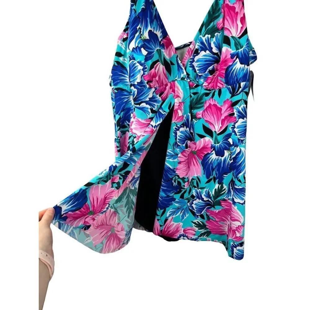 Swim Solutions Plus Size Blue Pink Floral One Piece Swimsuit 22W - Picture 5 of 8